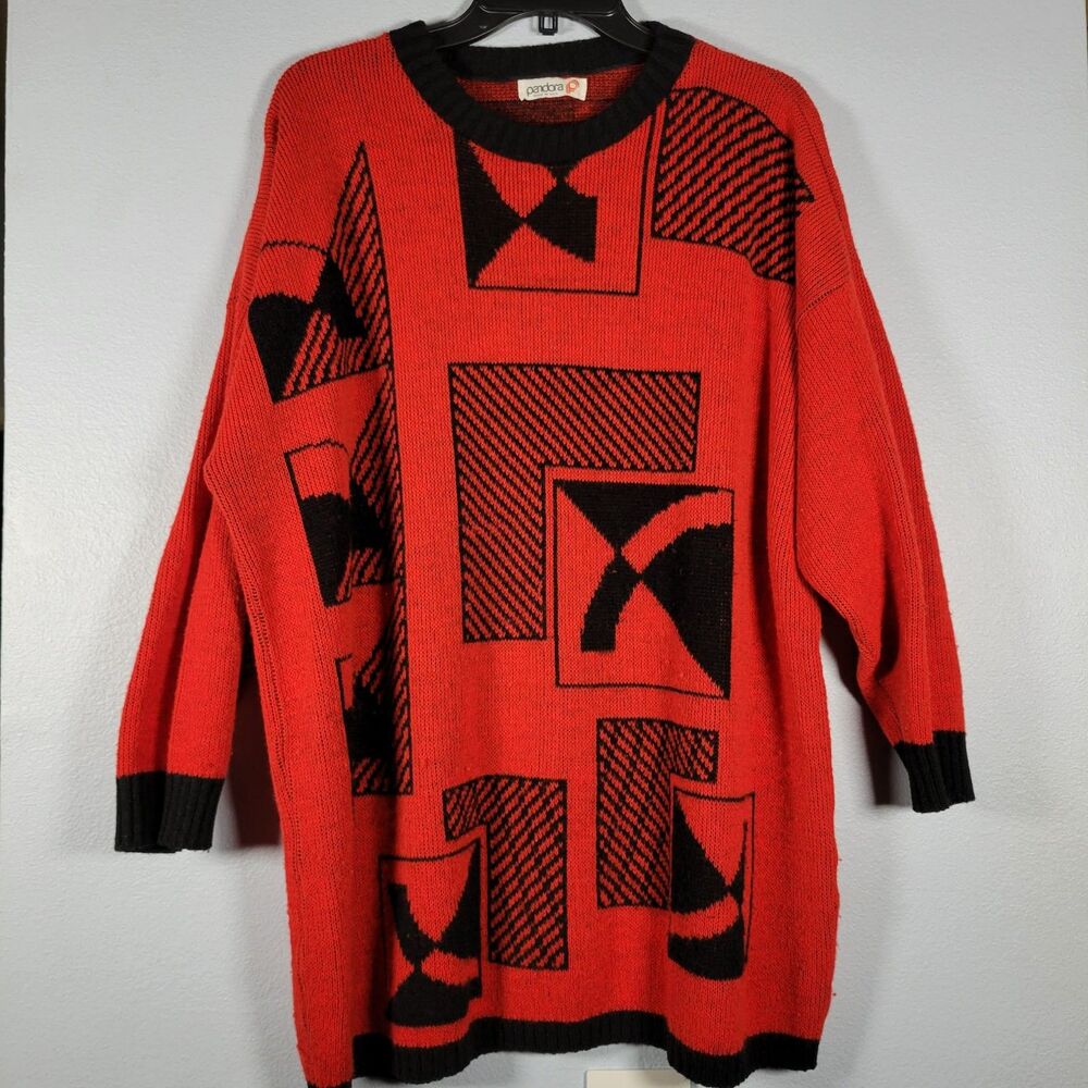 Vtg 80s Pandora Geometric Sweater Red Abstract Retro Knit Oversized Pop Art L/XL